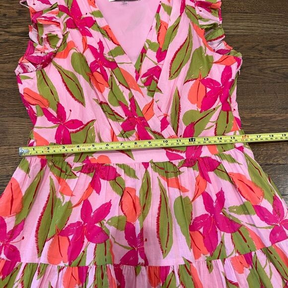 Taylor Lawn Printed Pink Sundress with Flutter Sleeves and V-Neck Large - Picture 3 of 9